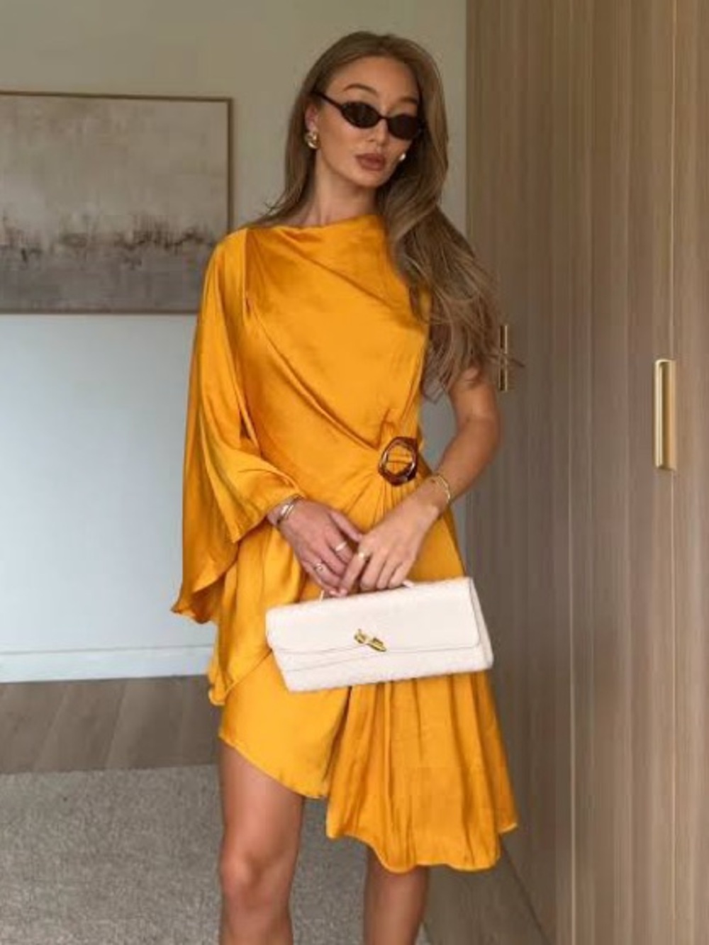 NWT Zara Asymmetric Satin Ring Dress in Mustard Yellow - M